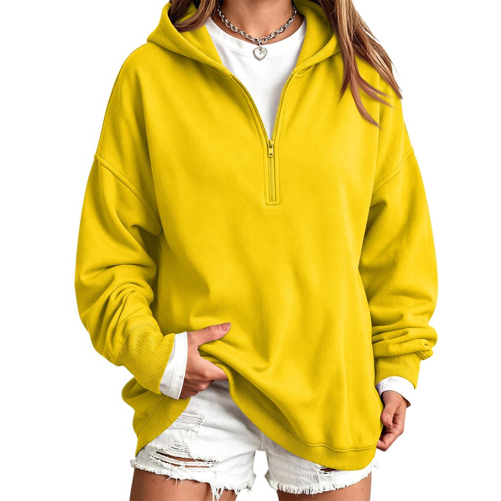 Women's Casual Half-Zip Hooded Pullover Sweatshirt, Color Long Sleeve