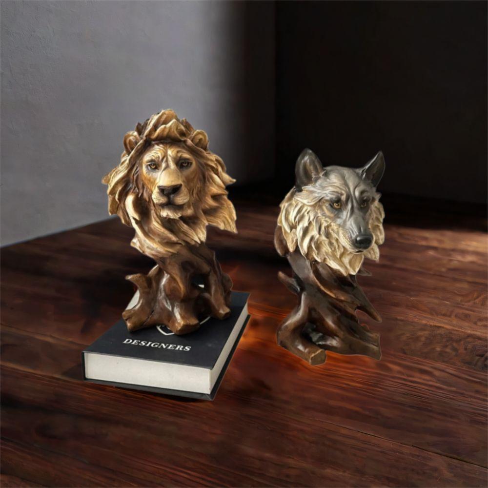 Resin Simulation Animal Statue Retro Luxury Tiger Lion Head Ornament Vivid Miniatures Figurine Sculpture Office