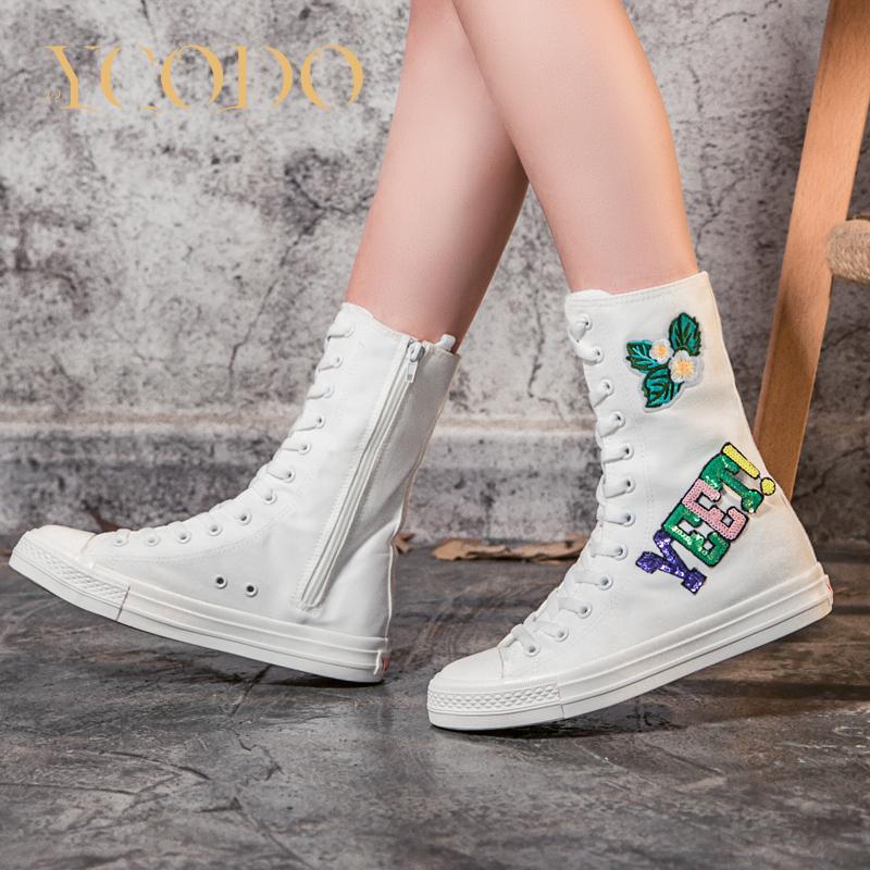 2023 Damen-Segeltuchstiefel für Frühling/Herbst, modische Segeltuchschuhe mit Pailletten für Schülerinnen und innerem Reißverschluss