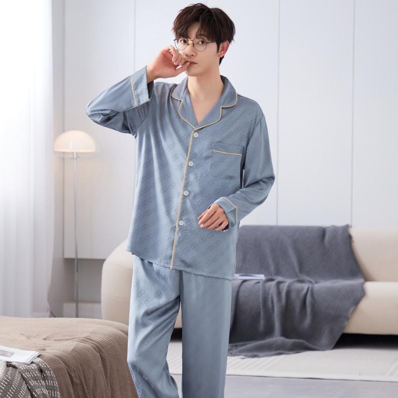 1011 New Pajamas Men's Ice Silk Long-sleeved Spring and Autumn Thin Jacquard High-end Men's Silk Loungewear Suit