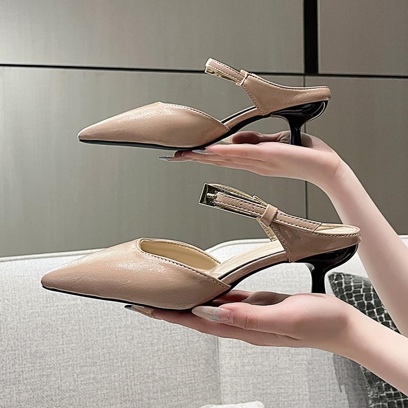 Fashion Baotou Mid-heel Shoes Summer New Pointed Head Shallow Mouth Metal Buckle Set Foot Anti-slip Wear-resistant Slippers