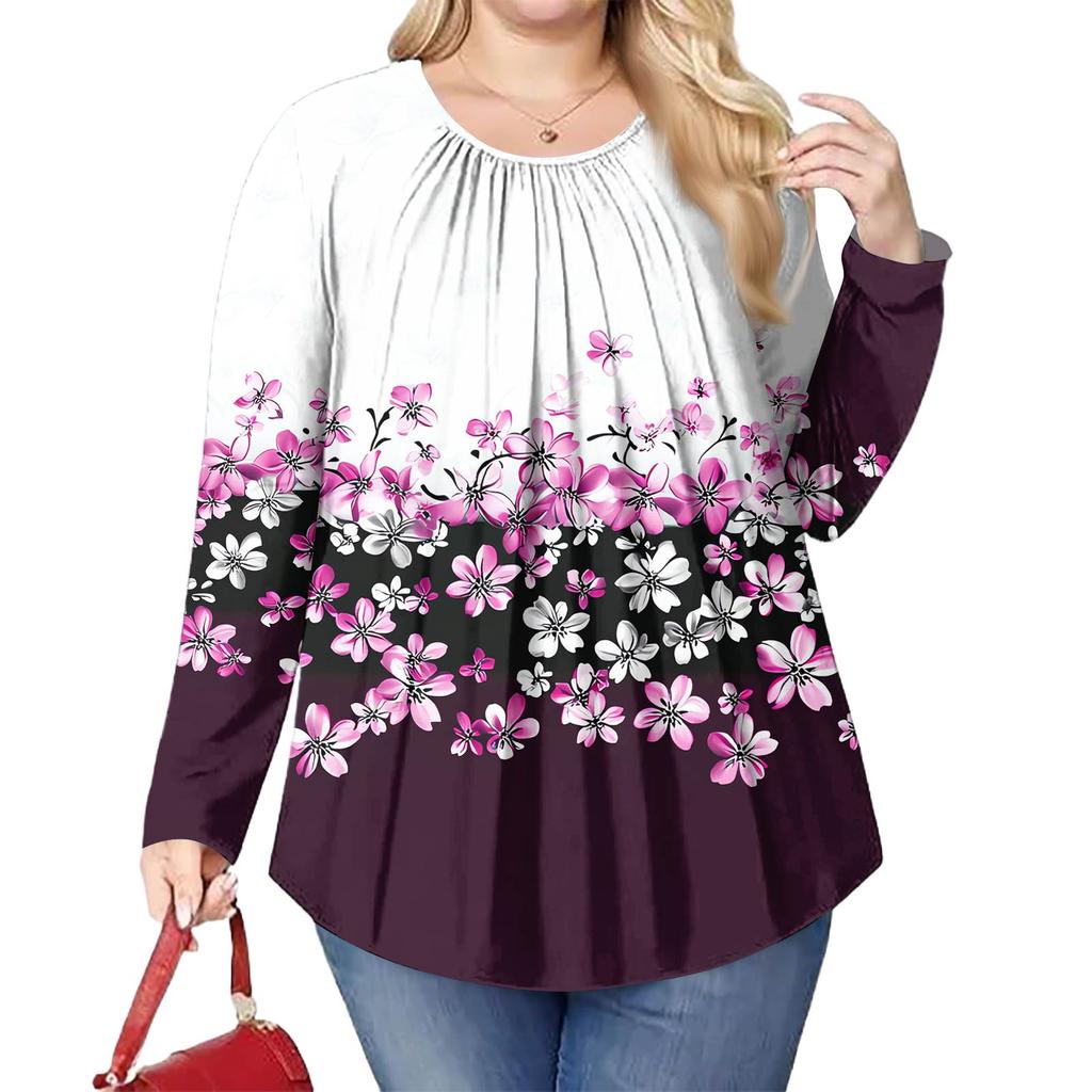 Women's Plus Size Fashion Printed Casual Pleated Round Neck Long Sleeve Top