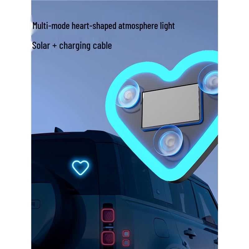 Solar-Powered LED Car Atmosphere & Warning Light Solar Charging Glacier Blue Heart Light 1pc