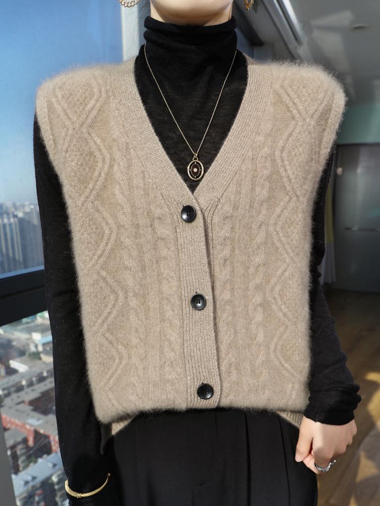 Dámská vlněná kardiganová vesta s výstřihem do V - Vrstvený pletený bezrukávý svrchní oděv s ramenními vycpávkami na podzim/zimu