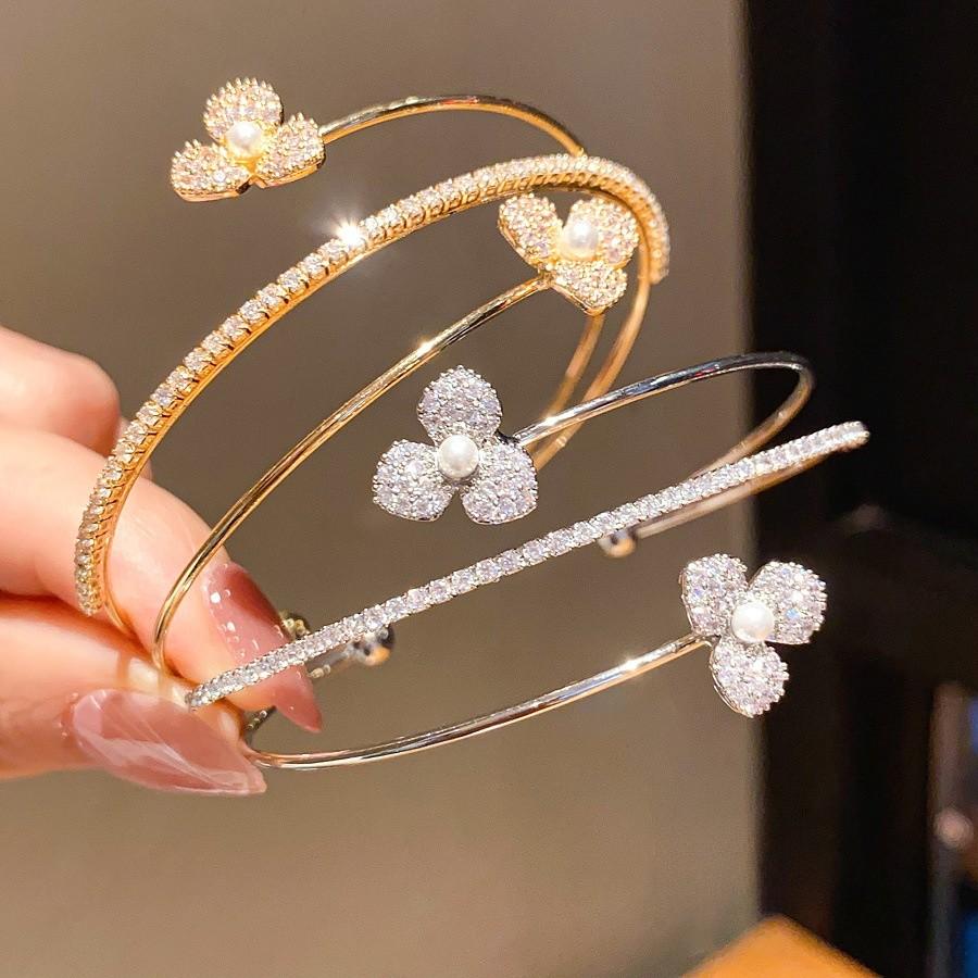 Zircon Pearl Flower Three Layer Open Bracelet With Elegant Design For Women