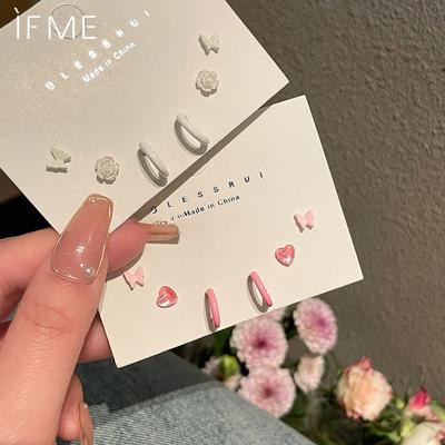 IF ME Butterfly Stud Earrings for Women Pink Heart Flower Piercing Hoop Earring C Jewelry