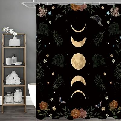Moon Phase Witchcraft Gothic Wildflower Night Sky Floral Shower Curtain, Bathroom Decorative Shower Curtain, Waterproof Shower C