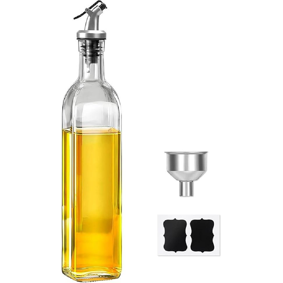 Olive Oil Dispenser Bottle, 2 Pcs Oil Dispenser for Kitchen, 17 oz Glass Olive Oil Bottle and Vinegar Dispenser Set with 2 Stainless Steel Pourers, 4 New 1 Pcs