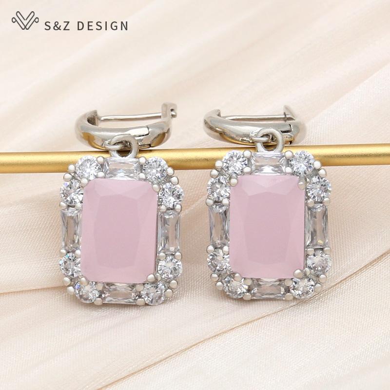 Μοντέρνα Ορθογώνια Κρεμαστά Κρυστάλλινα Σκουλαρίκια Για Γυναίκες Γάμος Χρώμα Ροζ Χρυσού Ζιργκόν Κυβικής Κοπής Κοσμήματα Δώρο