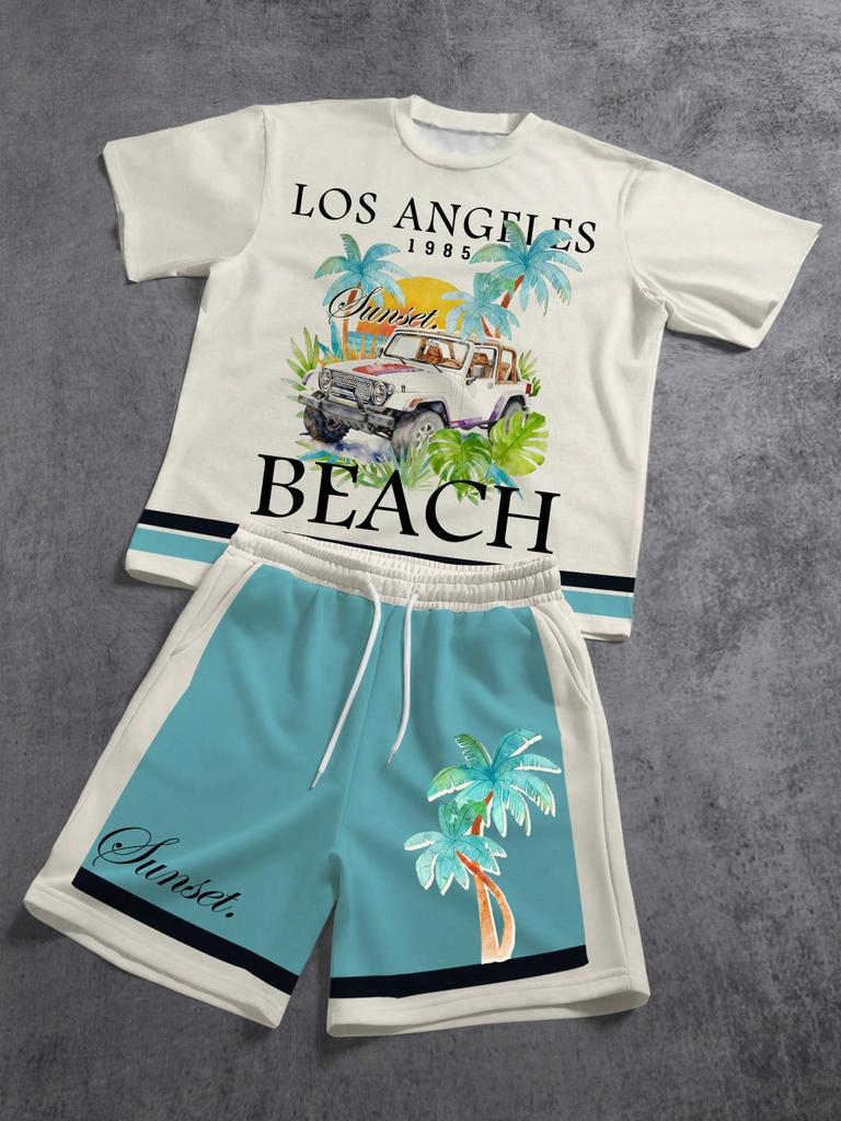 Casual Street Holiday Sports Beach Coconut Palm Contrast Colors Graphic Pattern T-shirt And Shorts Set, Summer Resort Wear Men Beachwear Set