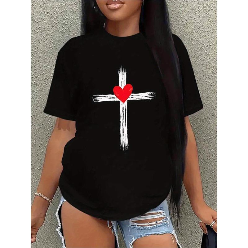 

Wo S Elegant White Short Sleeve T-Shirt with Red Heart Cross Design | Casual Round Neck, Stretchy Fabric, Perfect for Summer, Casual Summer Wear 4XL чорний