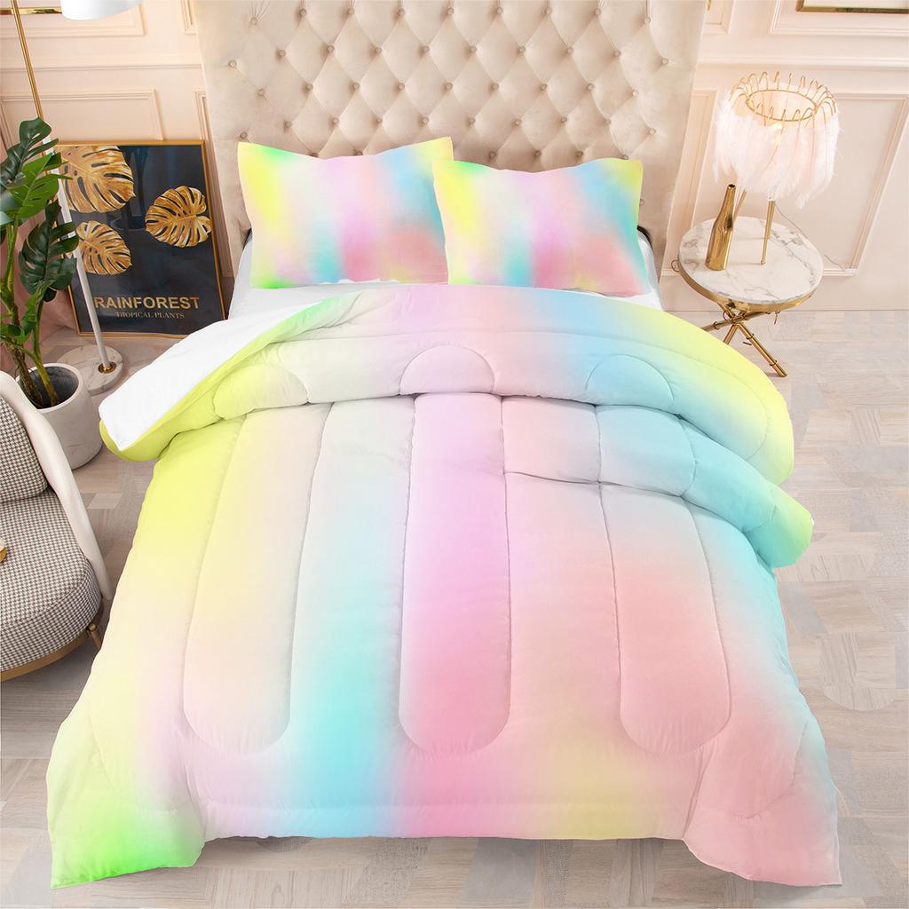 Quilt Gradient Clouds Sky Layered Feather Silk Quilt Fat Quilt Core Rainbow Quilt Cover Three-piece Set