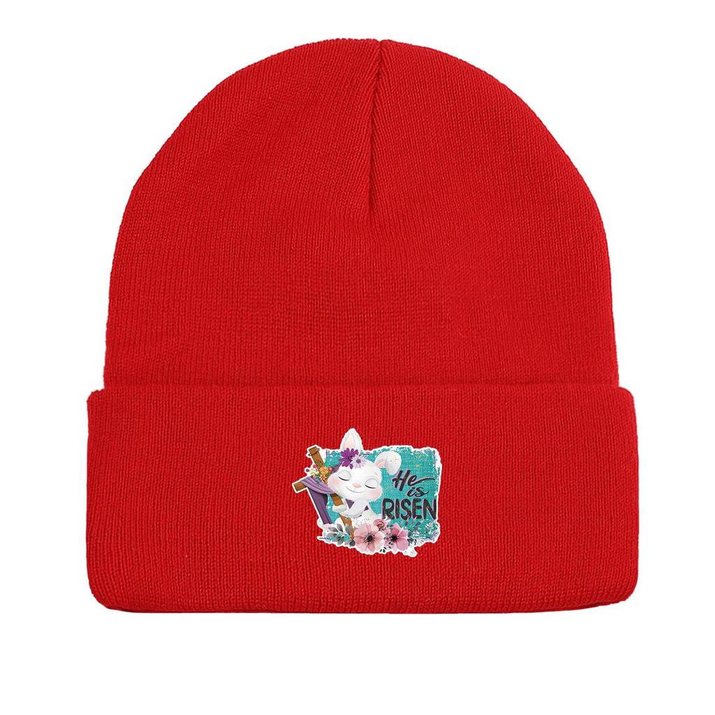 HE IS RISEN" Rabbit Print Knitted Cap Beanie, Easter Skull Cap Cancer Chemo Winter Sporting Headwear Knit Hat Beanie
