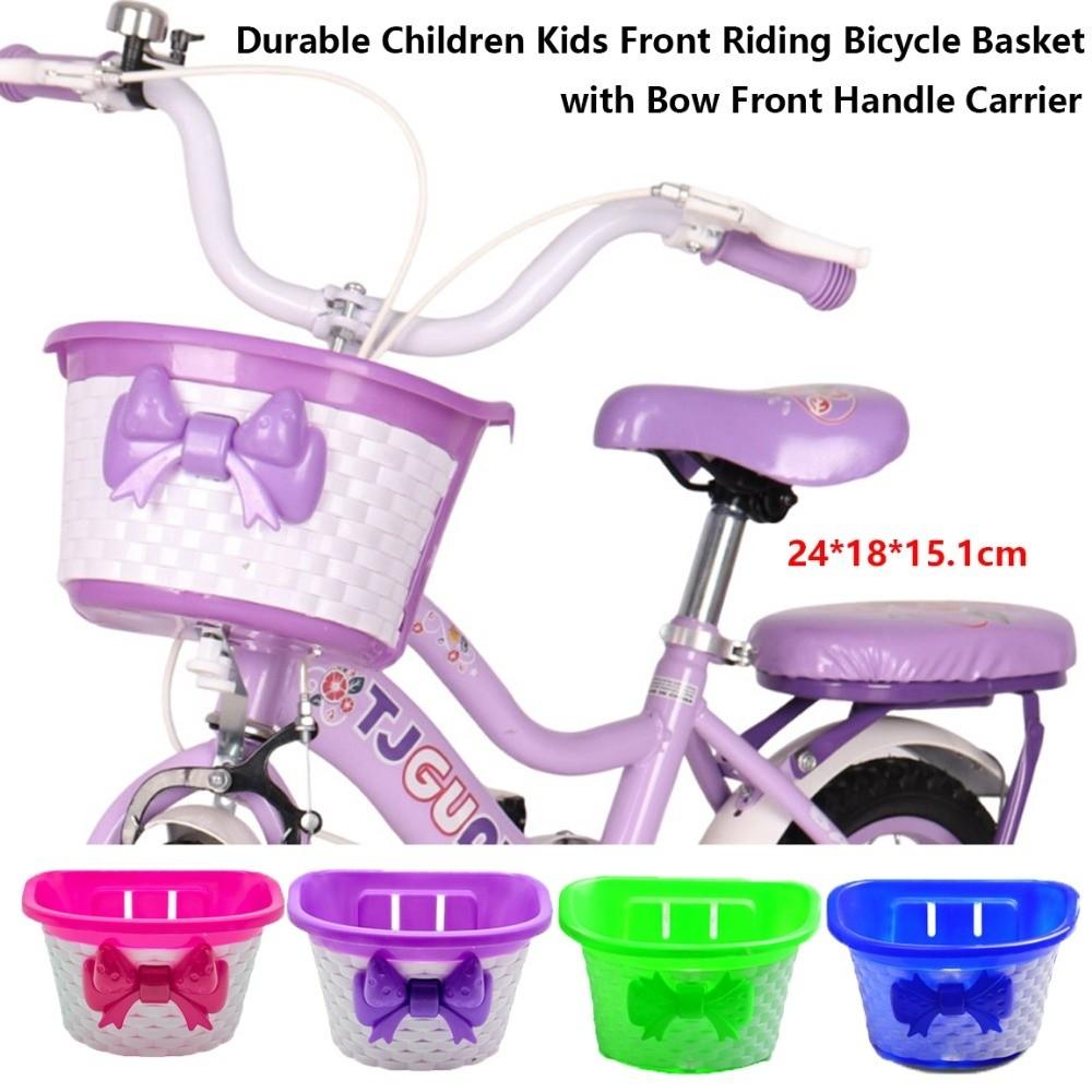 Retro Woven Front Riding Basket with Bow Children's Bicycle Scooter Basket Front Handle Carrier