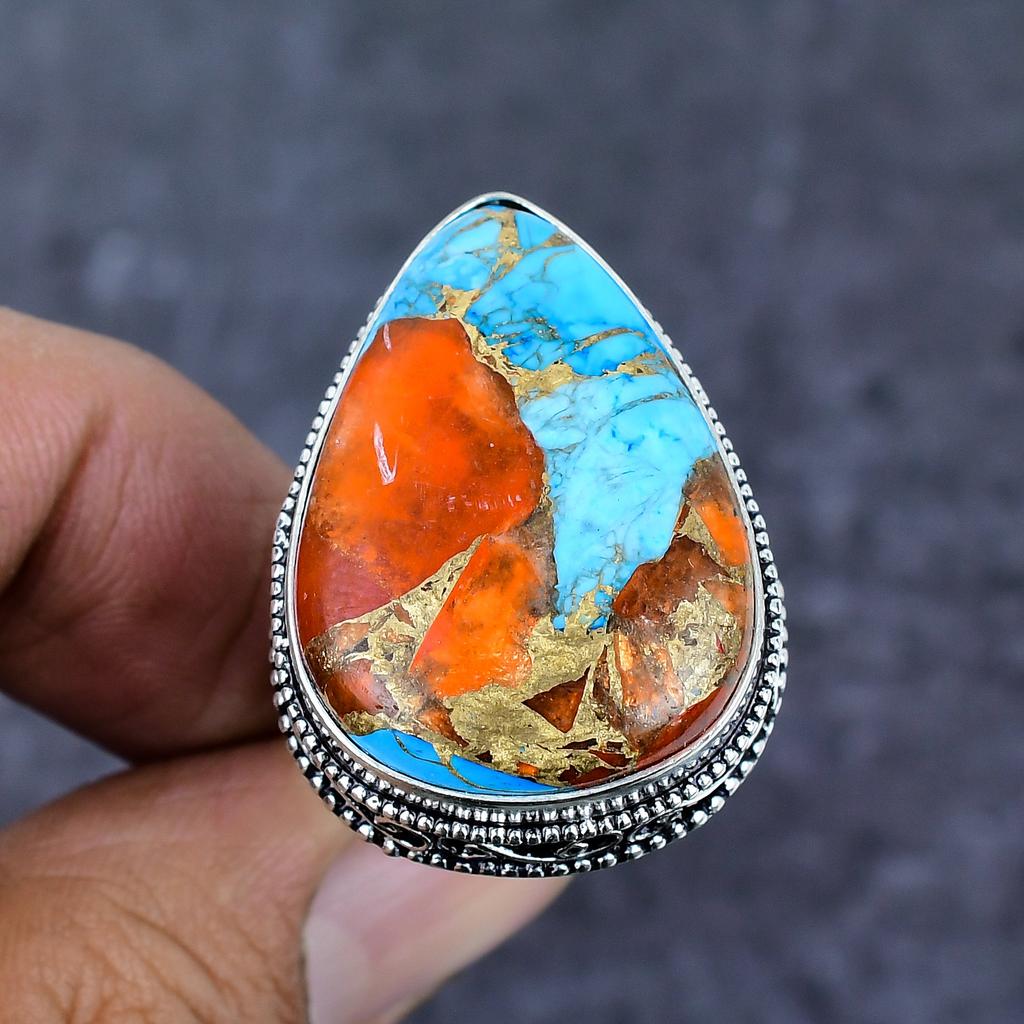 Natural Spiny Oyster Gemstone 925 Sterling Silver Jewelry Ring Size 9 ET-4800