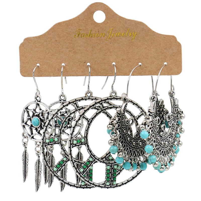 Antique Sliver-Plated Hollow Alloy Geometric Dangle Indian Earrings For Women Gypsy Zircon Boho Ethnic Leaf Bell Tassel Earring