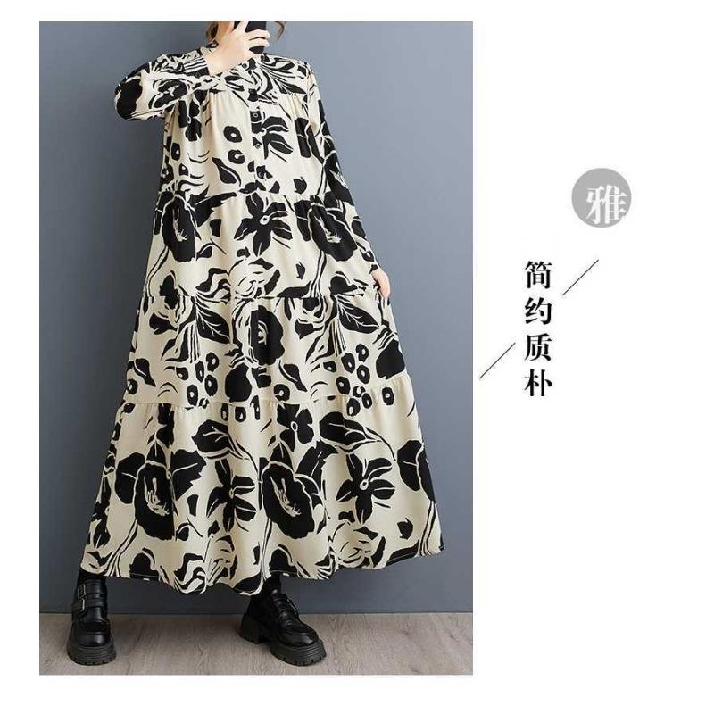 2025 Large Size Round Neck Long Sleeve Loose Big Swing Middle-aged and Elderly Mom Dresses