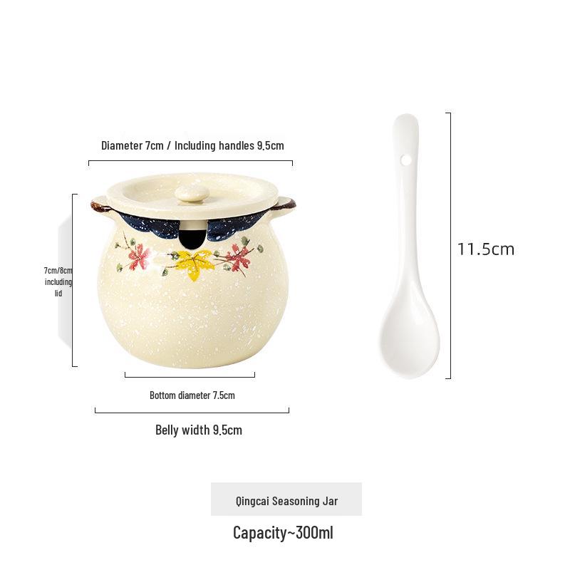 Japanese Double-Handle Ceramic Lard & Chili Oil Jar, Large Capacity, Heat-Resistant, with Lid & Spoon
