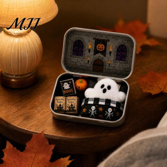 Halloween Storage Box Mini Tin Gift, Plush Ghost with Haunted House Spooky Unboxing Experience Scene, Collectible Micro Theater Gift for Kids,