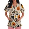Women's V Neck Halloween Print Short Sleeve Medical Scrub Top with Pocket Side Slit Design Suitable for Healthcare Professionals