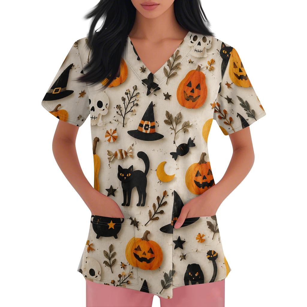 Women's V Neck Halloween Print Short Sleeve Medical Scrub Top with Pocket Side Slit Design Suitable for Healthcare Professionals