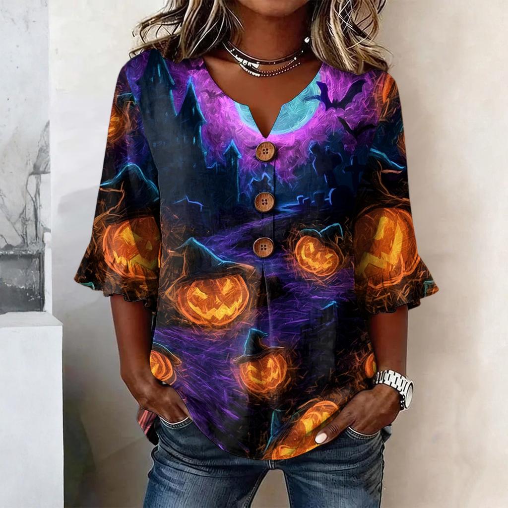 Women's Casual Loose Fit Halloween Print Lace Sleeve Blouse Top