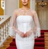 Mantello Nuziale in Tulle con Frange di Perle, Stola Corta Trasparente da Matrimonio con Chiusura Frontale a Perla, Coprispalle Perlate per Abito da Sposa Sirena Senza Spalline, Servizio Fotografico