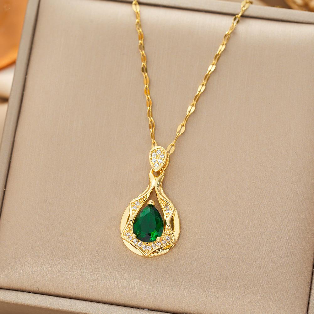 Fashionable Drop Shaped Green Zircon Necklace For Women Elegant Collarbone Chain Versatile Necklace Jewelry