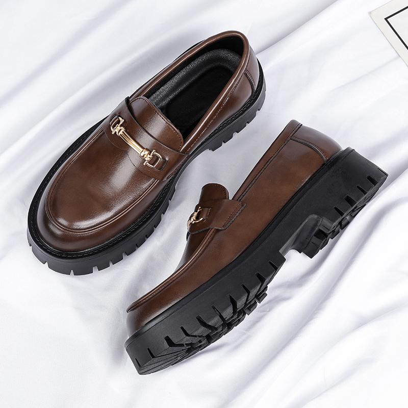 Men Platform Loafers Metal Horse Bit Slip On Leather Shoes Height Increasing Casual Formal Business Oxford Shoes For Men Daily