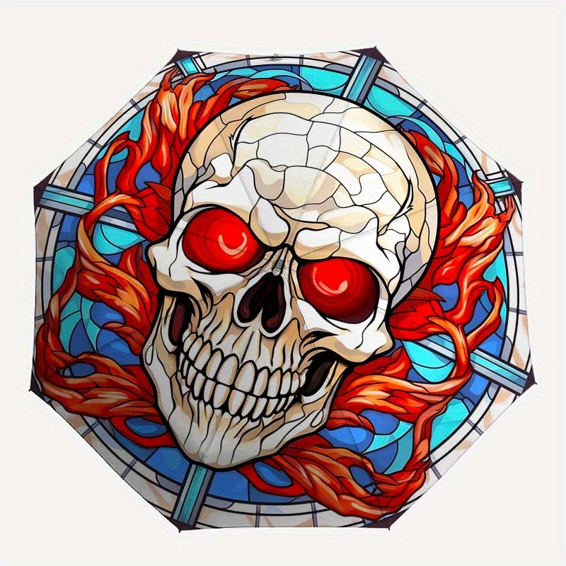 Buntes Totenkopf mit roten Flammen Dekorative Regenschirm, Tragbarer 3-fach Kompakter Regenschirm, Weihnachtsgeschenk ES643