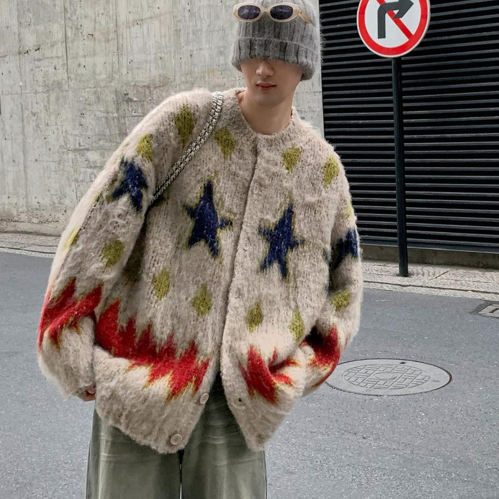 Christmas O-neck Vintage Sweater Men's Loose Casual Autumn Winter Knit Harajuku High Street Cardigan