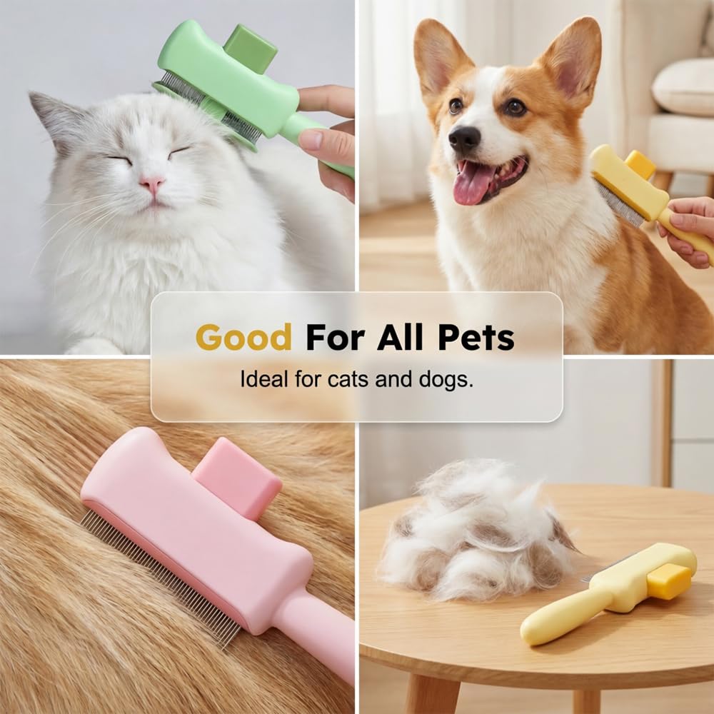 Self-cleaning pet hair brush for cats, cat grooming brush, with long and short stainless steel teeth, household pet grooming brush