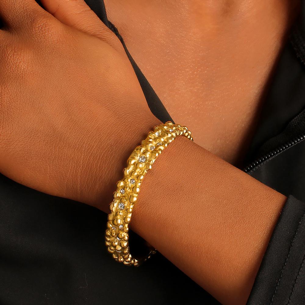 Cross Light Luxury Zircon Open Cuff Bracelet in Titanium Steel with 18K Gold - C-Shaped, High-End, Colorfast Design