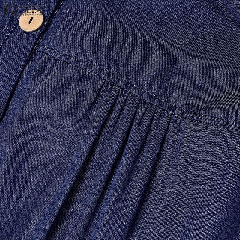 ZANZEA Vestido largo suelto informal de manga larga con cuello redondo para mujer