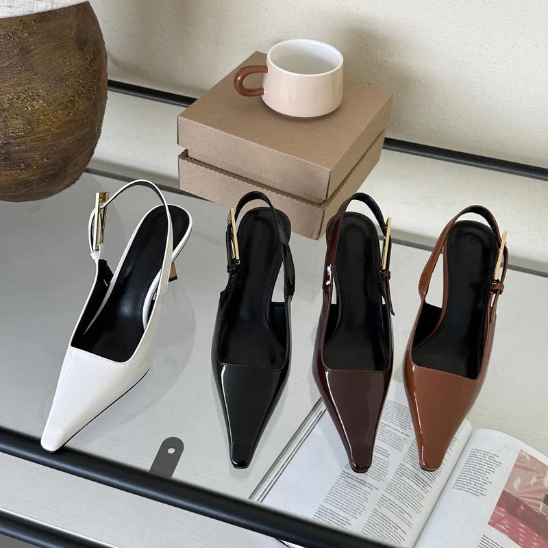 Metal Buckle Strap Women Pumps Street Style Sexy Pointed Toe Stripper Sandals Slingback High Heels Female Shoes