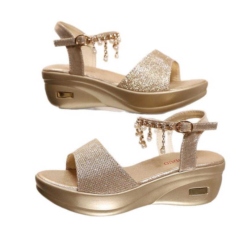 Wedge sandals summer new thick-soled muffin rhinestone waterproof table high-heeled Roman shoes