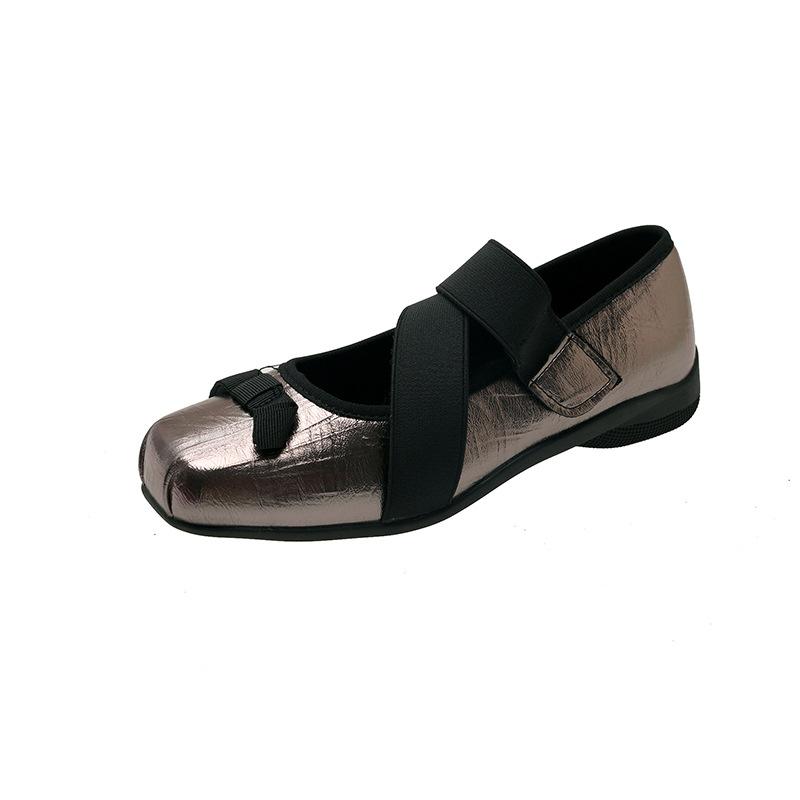Punk Ballet~ Bow Mary Jane Shoes Women's Cross Strap Silver Soft Soled Comfortable Single Shoes Retro Small Leather Shoes