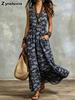 Summer New Printed Temperament Sleeveless Pocket Long Dress Vintage Dress Ready-to-Ship