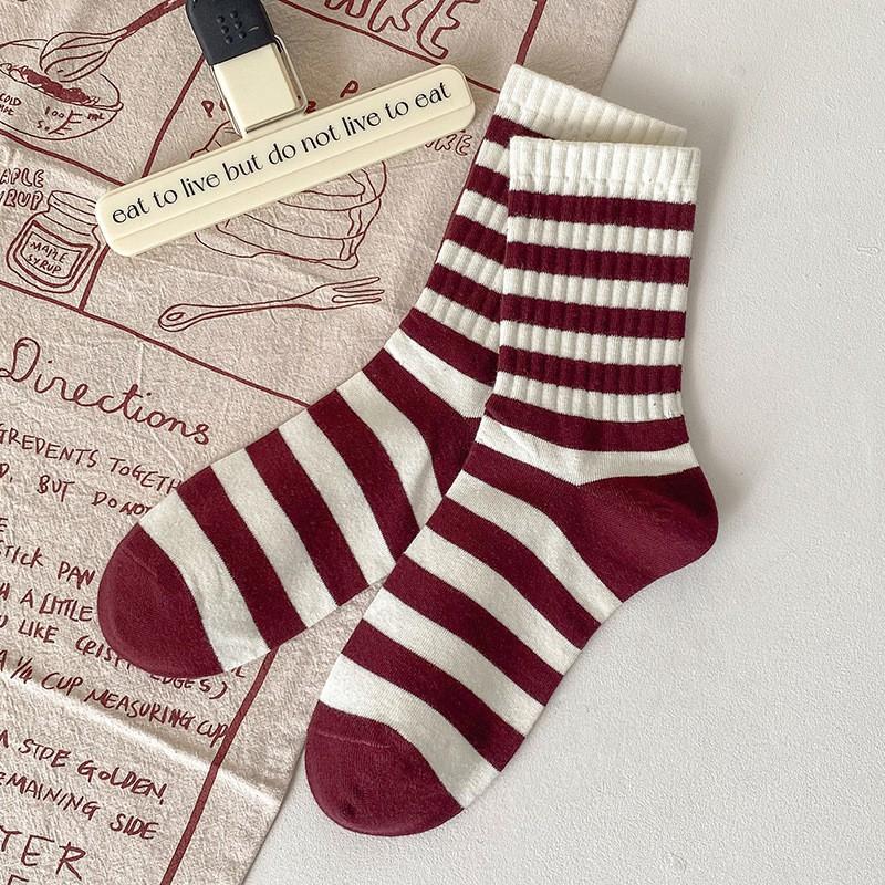 

Socks Pure Cotton Tube Socks Embroidered Bow Burgundy Spring And Autumn Versatile Striped Stockings One size fits all