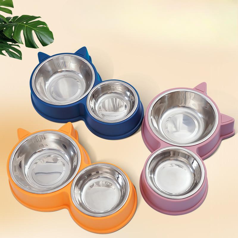 Cat-shaped Double-bowl Stainless Steel Tableware, Cat Basin Integrated Pet Bowl, Non-wet Mouth Feeding and Drinking for Dogs