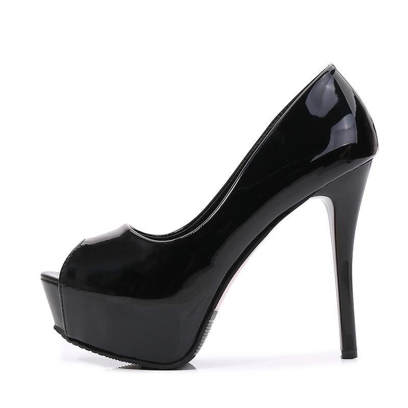 E-Commerce Damenschuhe Lackleder Fischmaul High Heels Dünne Absätze Damen Wasserdichtes Plateau Flacher Mund Einzelne Schuhe Sexy Nachtclub Schuhe