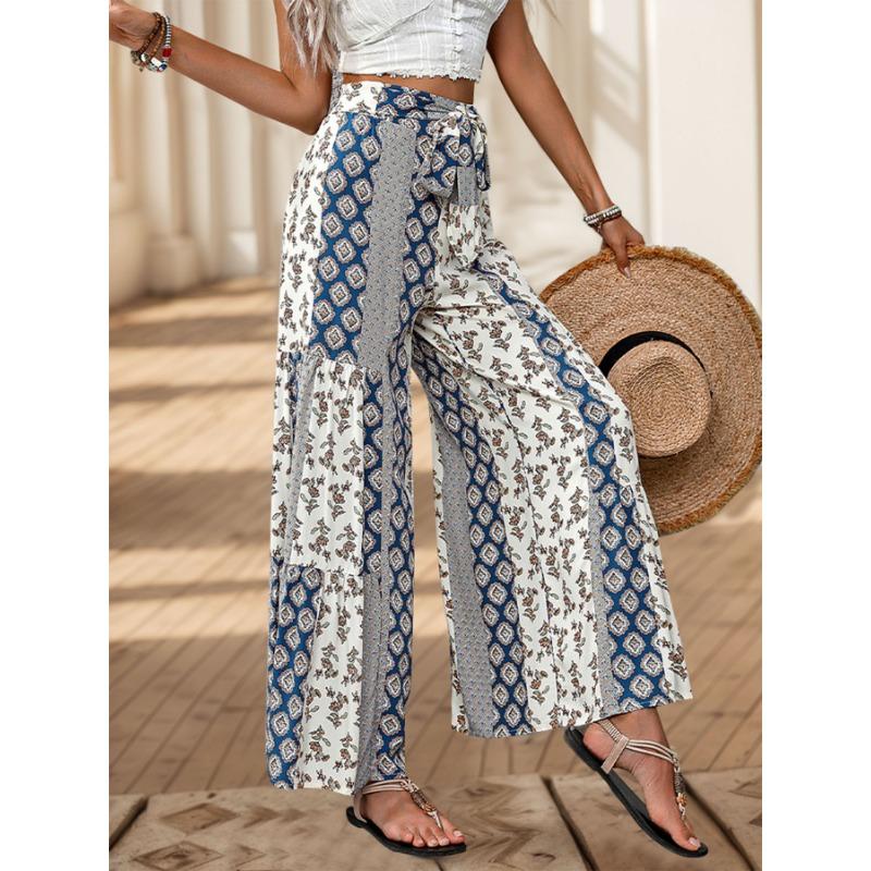 Casual Vacation Style Lace-up Geometric Floral Print Wide-leg Pants for Women