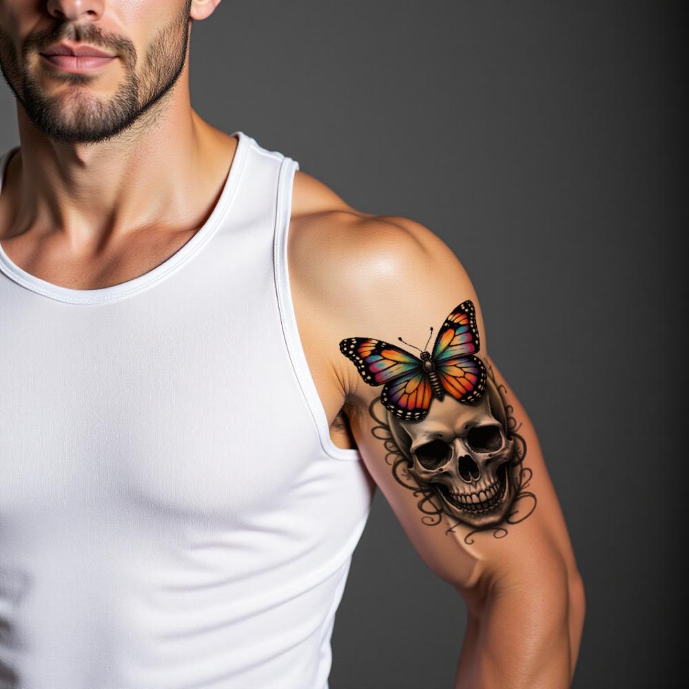 3pcs Temporary Tattoo Colorful Realism Roses And Butterfly Skull Butterfly Head Skull Star Marked Skull For Arms Thighs Men