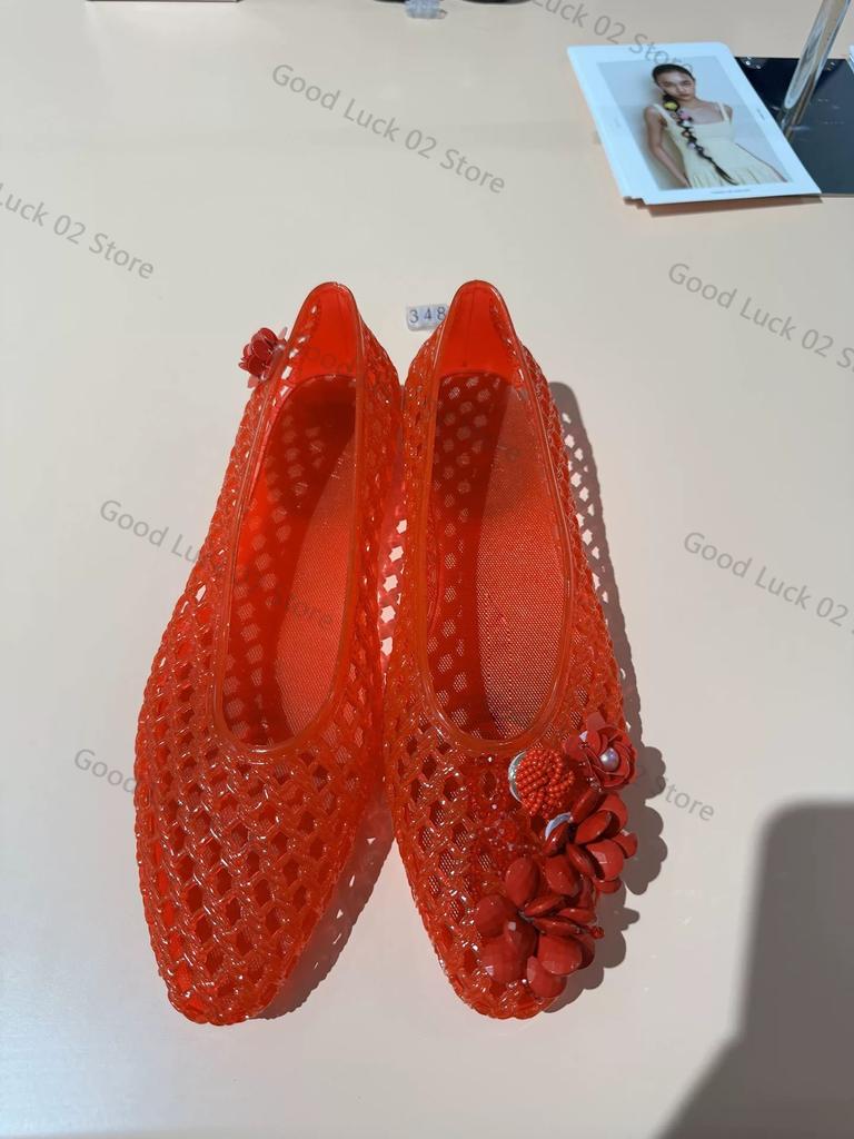 Fashion New Style Pointed-toe Open-toe Sandals with Flat Sole, Jelly-style Shoes, DIY Shoes, Floral Handcrafted with Crystals and Nettin