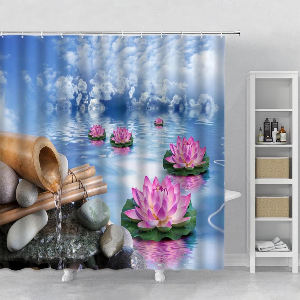 Zen Garden Shower Curtain Spa Green Bamboo Black Stone White Flower Bathroom Decor Supplies Bath Curtains Sets Polyester Fabric