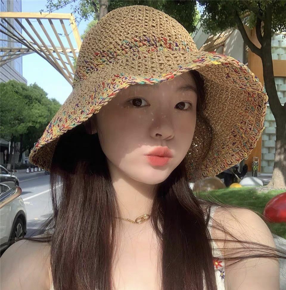 

Straw hat female summer beach travel sun protection hat vacation eaves straw bucket hat female big head circumference sun hat