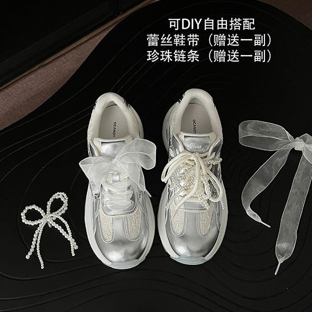 Cowhide Version~ Inner Heightening Lace Pearl Dad Shoes Women's Breathable Leather Casual Sports Shoes Women's Platform Dad Shoes