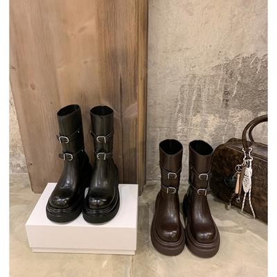 Su Yinyin's Same Supermodel Boots~ 6cm Thick Heel Thick Sole Medium Tube Belt Buckle Short Boots Knight Boots Retro Women's Boots Autumn