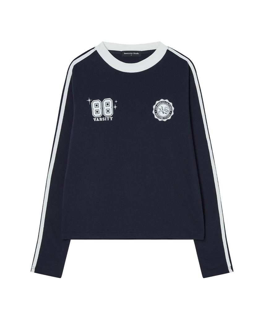 AWESOME STUDIO Football Line Color Block Long Sleeve Tee Wine