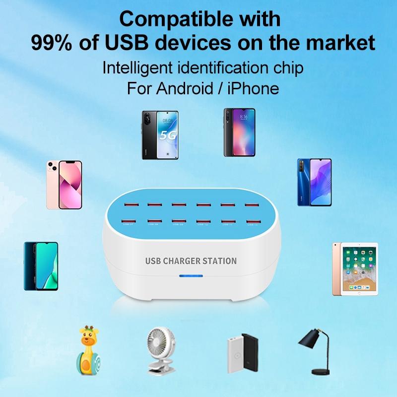 

830-12 120W AC100-240V 12 Ports USB Smart Charger Phone Tablet Fan Lamp Charging Dock Splitter Station EU Plug